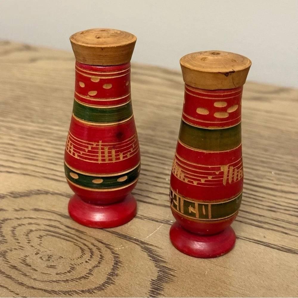 Vintage Red and Green Wooden Salt and Pepper Shakers